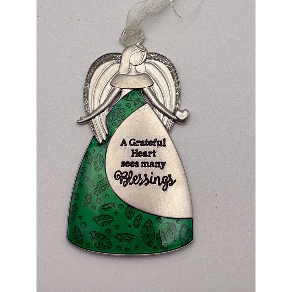 Angel Ornament Silver Green Grateful Heart Blessings Metal Christmas Religious